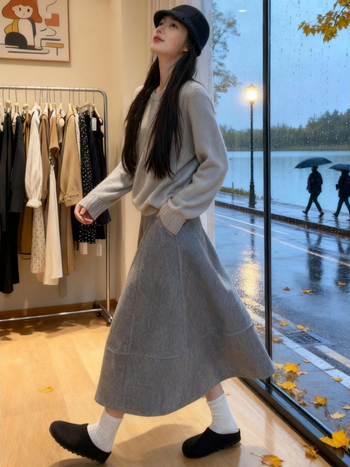 Fustă din lână Bud, lungime medie, iarna 2025, siluetă umbrelă, model solid