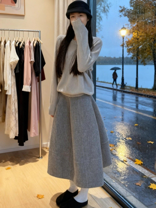 Fustă din lână Bud, lungime medie, iarna 2025, siluetă umbrelă, model solid