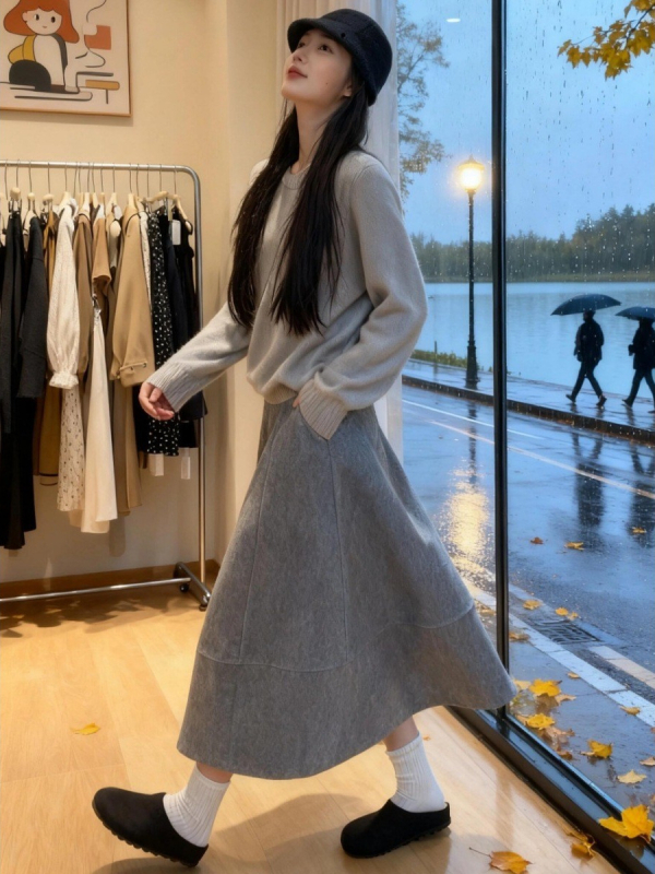 Fustă din lână Bud, lungime medie, iarna 2025, siluetă umbrelă, model solid