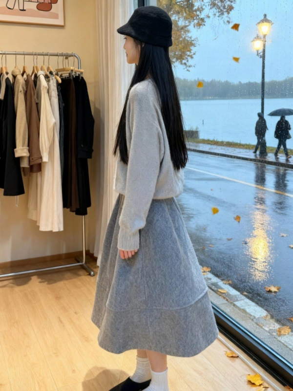 Fustă din lână Bud, lungime medie, iarna 2025, siluetă umbrelă, model solid