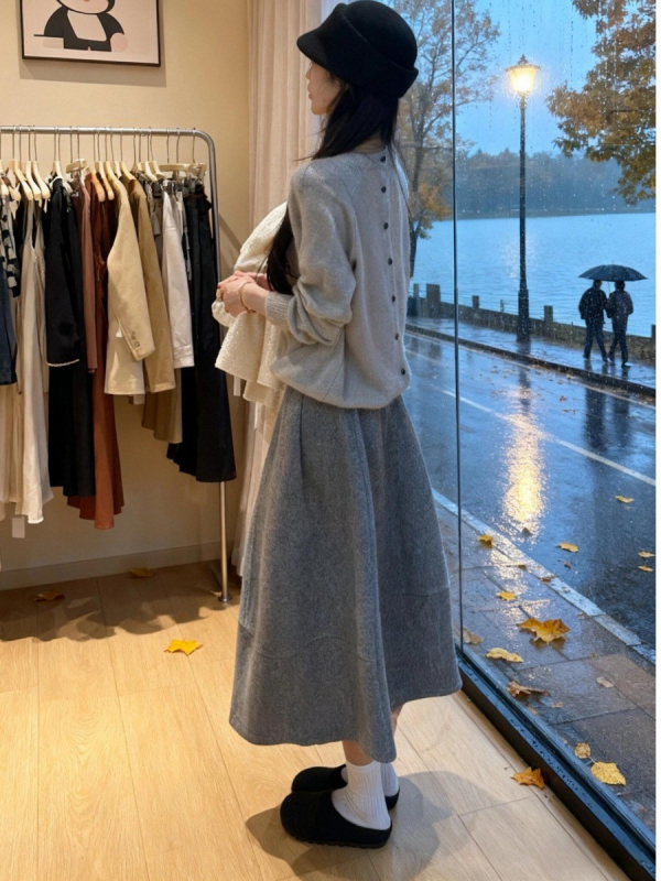 Fustă din lână Bud, lungime medie, iarna 2025, siluetă umbrelă, model solid