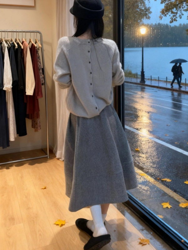 Fustă din lână Bud, lungime medie, iarna 2025, siluetă umbrelă, model solid