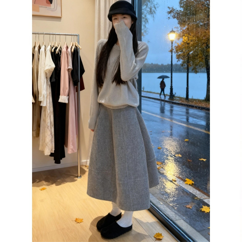 Fustă din lână Bud, lungime medie, iarna 2025, siluetă umbrelă, model solid