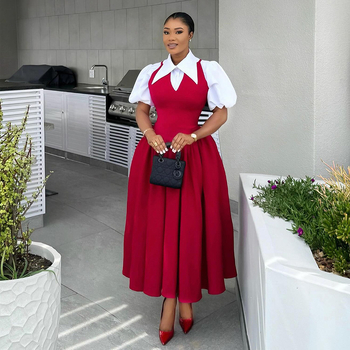 Rochie din poliester cu mâneci bufante, guler Polo, talie înaltă, croială lungă în A-line, aspect de două piese fals