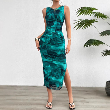 Bodycon haljina bez rukava s okruglim izrezom, Milk Silk, geometrijski uzorak
