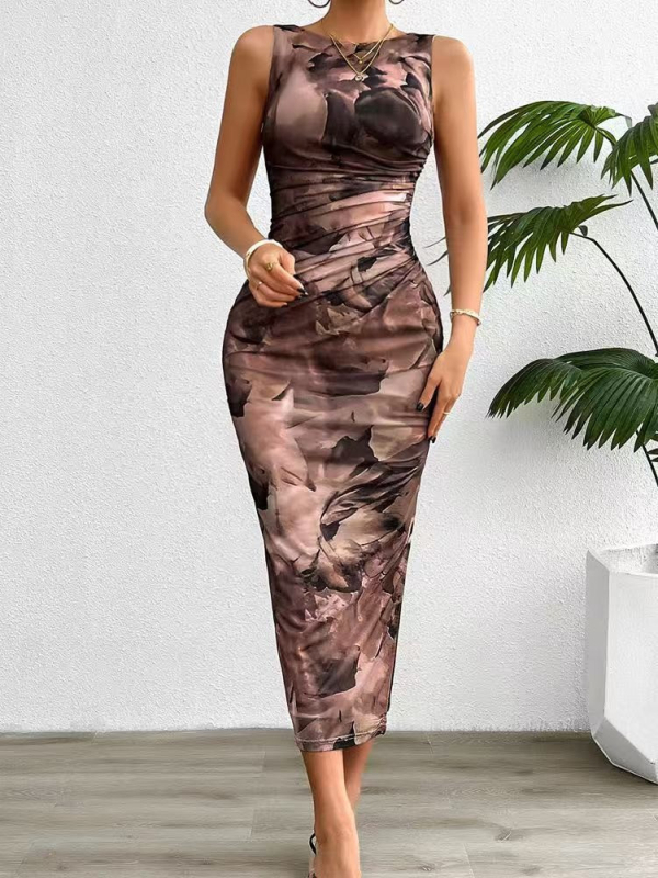 Bodycon haljina bez rukava s okruglim izrezom, Milk Silk, geometrijski uzorak