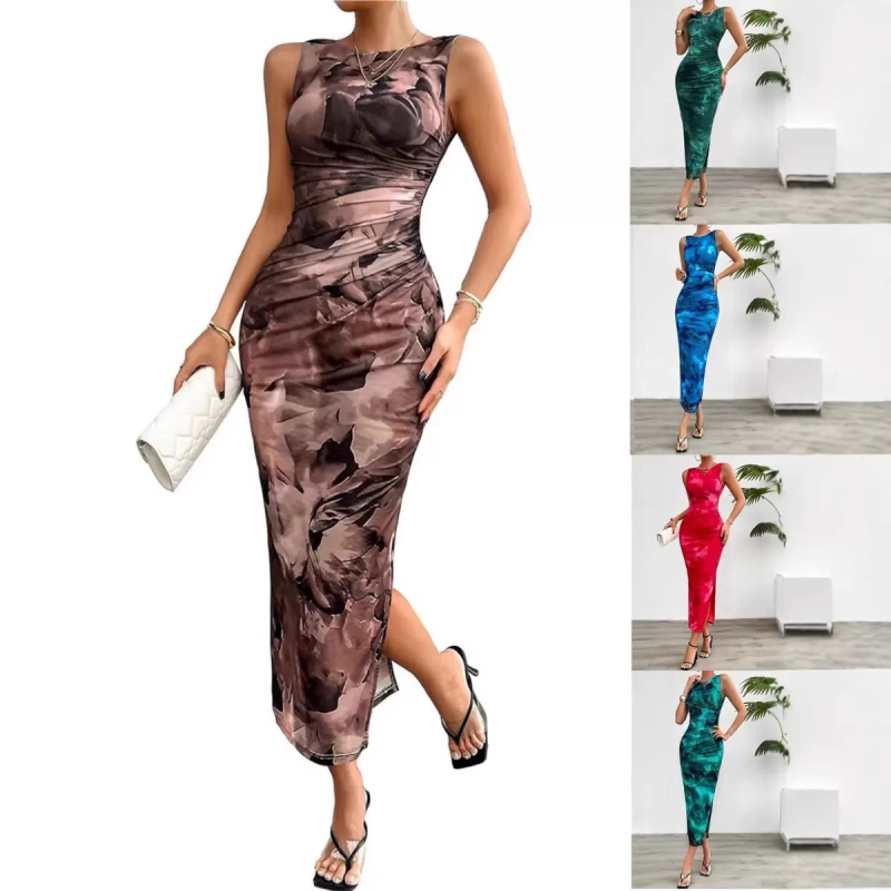 Bodycon haljina bez rukava s okruglim izrezom, Milk Silk, geometrijski uzorak