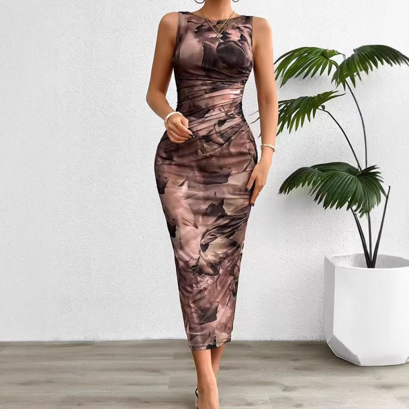 Bodycon haljina bez rukava s okruglim izrezom, Milk Silk, geometrijski uzorak
