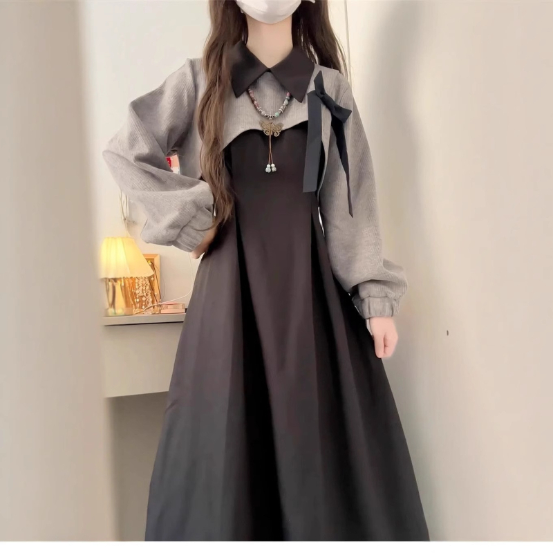 Rochie cu mâneci lungi, guler polo, croială în A, material poliester