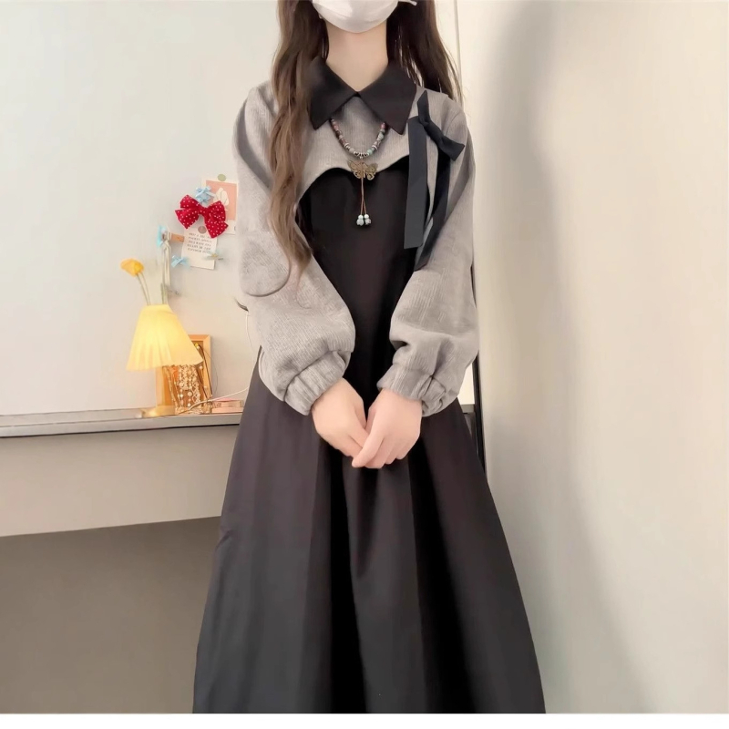 Rochie cu mâneci lungi, guler polo, croială în A, material poliester