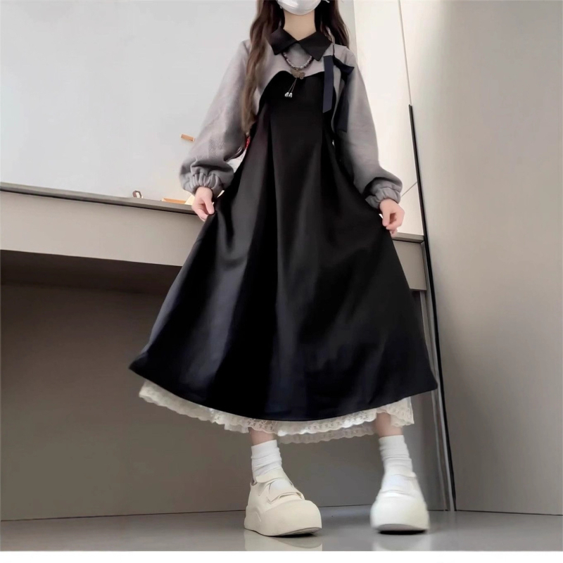 Rochie cu mâneci lungi, guler polo, croială în A, material poliester