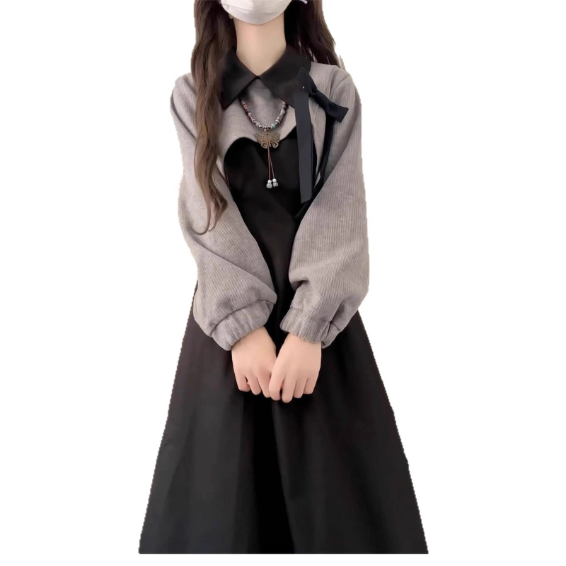 Rochie cu mâneci lungi, guler polo, croială în A, material poliester