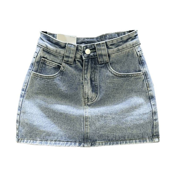 A-linijska denimska suknja s izbrušenim detaljima, zipom i gumbima – pamukasti denim, gradski stil, ljeto 2024