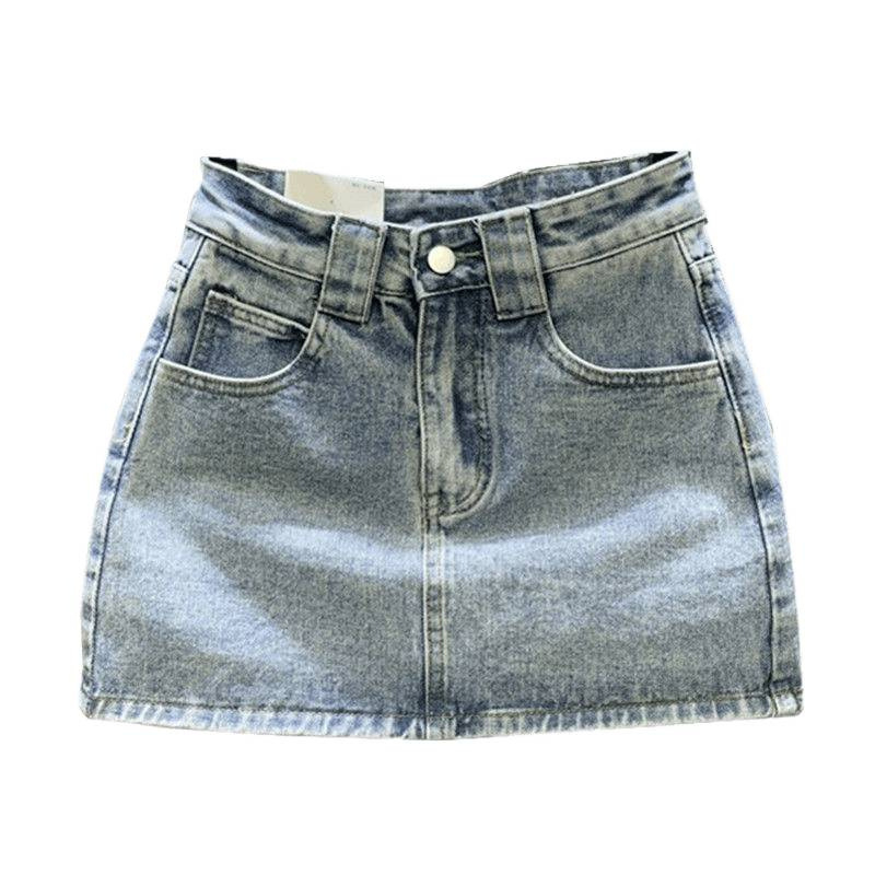 A-linijska denimska suknja s izbrušenim detaljima, zipom i gumbima – pamukasti denim, gradski stil, ljeto 2024