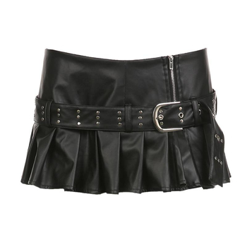 PU kožna plisirana suknja s remenom s rivetima i šlicom, mikroelastična, punk stil
