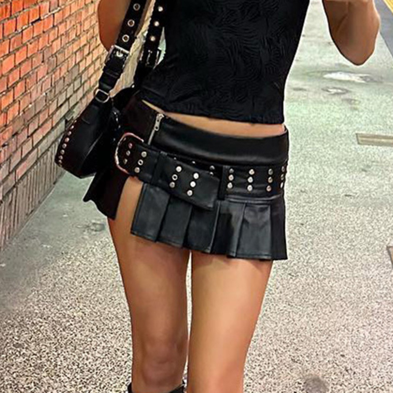 PU kožna plisirana suknja s remenom s rivetima i šlicom, mikroelastična, punk stil
