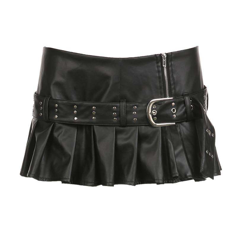PU kožna plisirana suknja s remenom s rivetima i šlicom, mikroelastična, punk stil