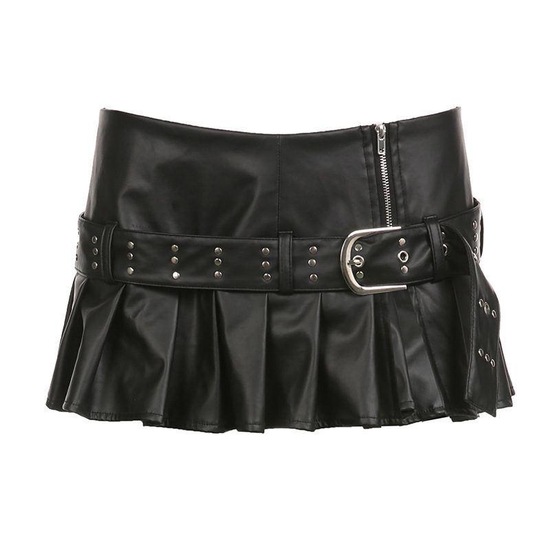 PU kožna plisirana suknja s remenom s rivetima i šlicom, mikroelastična, punk stil