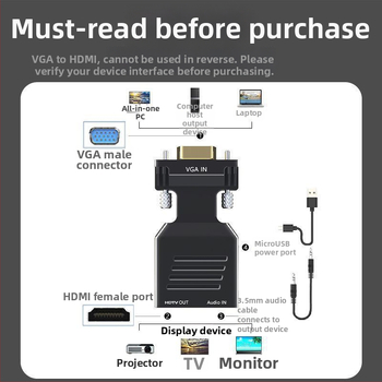 VGA–HDMI adapter koos helikonverteriga, 1080p, VGA meessoost – HDMI naissoost, arvutile