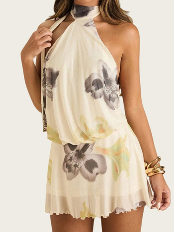 Rochie tricotată cu halter, fără mâneci, imprimată, lungă cu bretele, talie înaltă (Spring 2025)