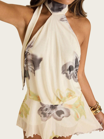 Rochie tricotată cu halter, fără mâneci, imprimată, lungă cu bretele, talie înaltă (Spring 2025)