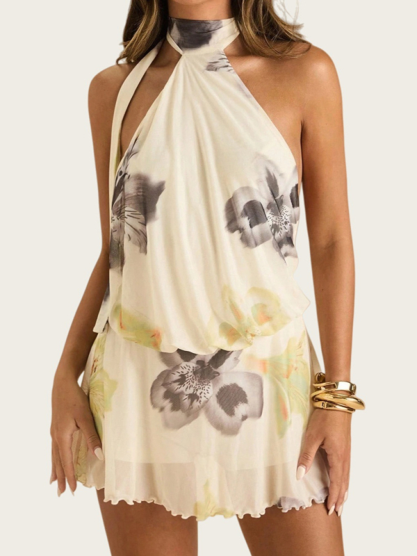 Rochie tricotată cu halter, fără mâneci, imprimată, lungă cu bretele, talie înaltă (Spring 2025)