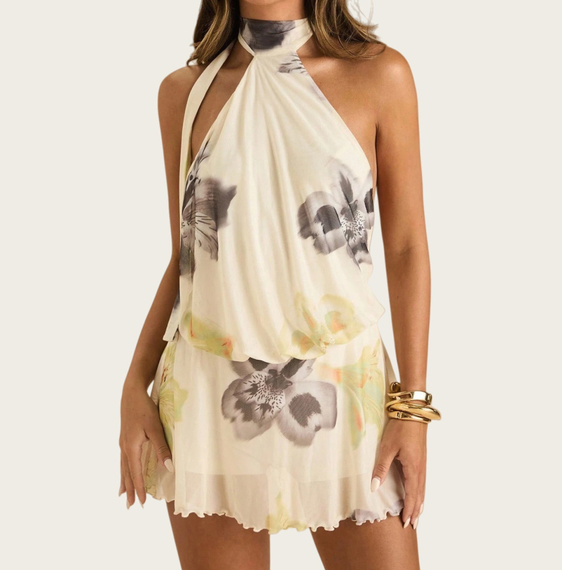 Rochie tricotată cu halter, fără mâneci, imprimată, lungă cu bretele, talie înaltă (Spring 2025)