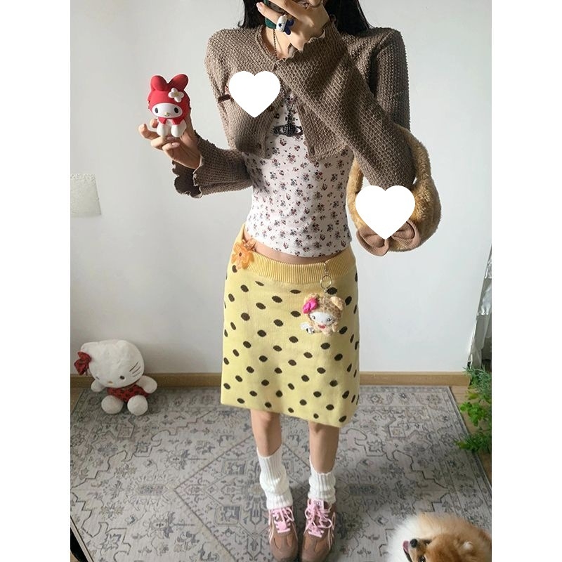 Ženska pletena suknja s točkicama, A-linija, vintage stil, visokim pojasom, američki stil