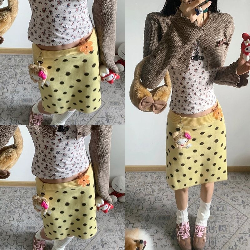 Ženska pletena suknja s točkicama, A-linija, vintage stil, visokim pojasom, američki stil