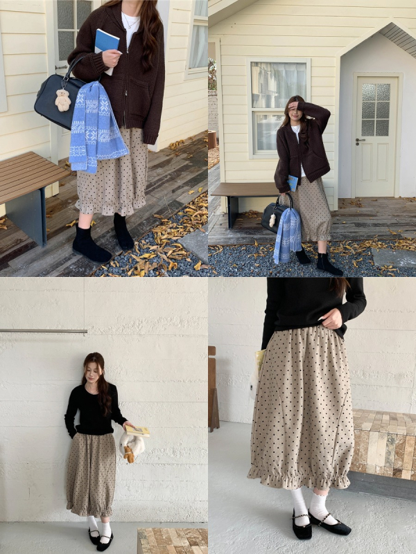 Fustă lungă în croială pe șolduri, cu model cu puncte în valuri, amestec poliester-lână, croială prin colaj, micro-elastică, stil elegant pentru mers zilnic, Colecția de iarnă 2025