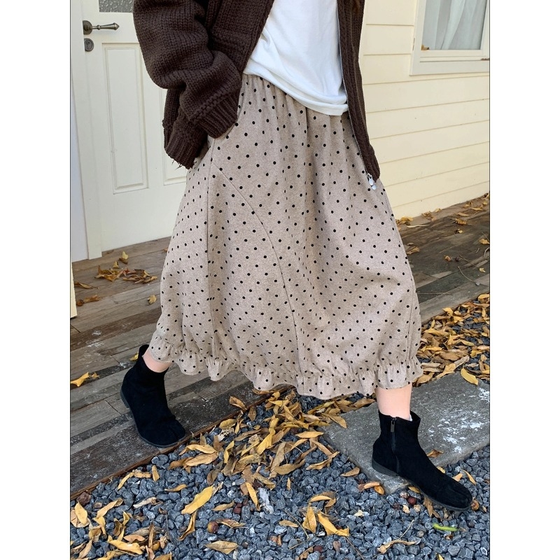 Fustă lungă în croială pe șolduri, cu model cu puncte în valuri, amestec poliester-lână, croială prin colaj, micro-elastică, stil elegant pentru mers zilnic, Colecția de iarnă 2025