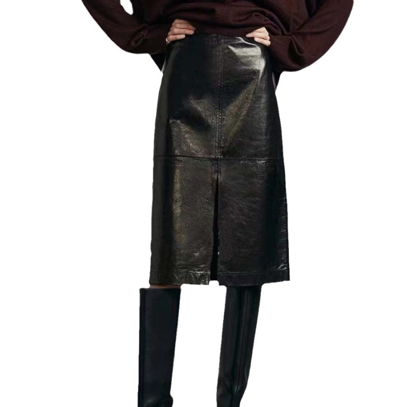 Fustă din piele de miel adevărată, stil urban, lungime medie, croială dreaptă cu deschidere frontală