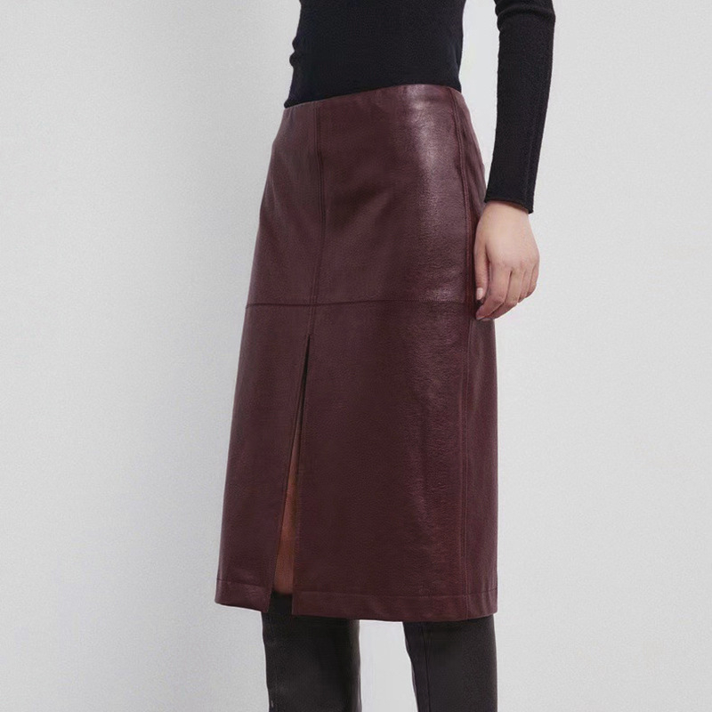 Fustă din piele de miel adevărată, stil urban, lungime medie, croială dreaptă cu deschidere frontală