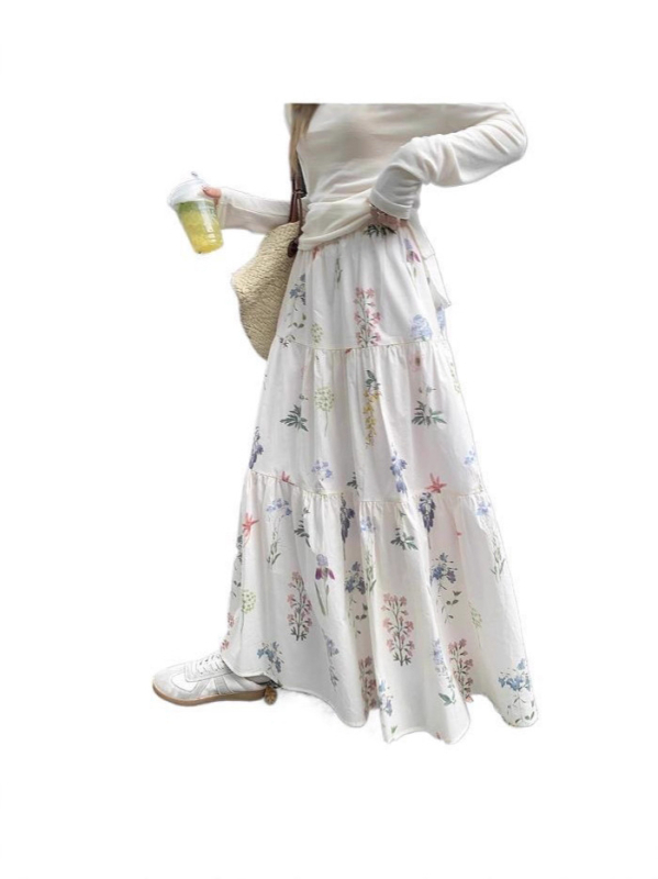 Fustă lungă de tip A-line cu imprimeu floral, poliester 90–95%, imprimare digitală