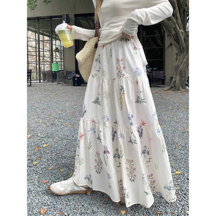 Fustă lungă de tip A-line cu imprimeu floral, poliester 90–95%, imprimare digitală