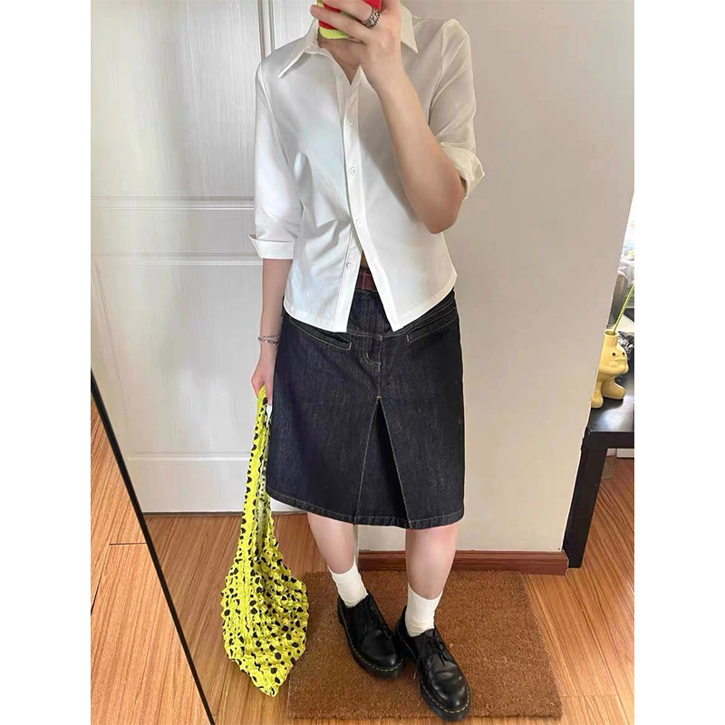 Traper suknja srednje dužine, gradski hipsterski stil, ljeto 2024, neelastičan materijal