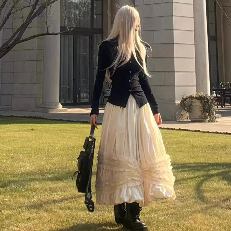 Púpos szoknya, középméretű hossz, gyapjúanyag, 2025 tavasz, királyi nővér stílus