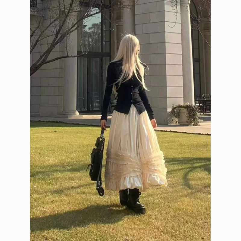 Púpos szoknya, középméretű hossz, gyapjúanyag, 2025 tavasz, királyi nővér stílus