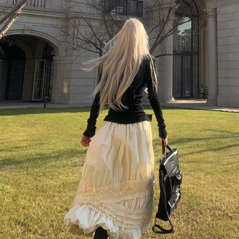 Púpos szoknya, középméretű hossz, gyapjúanyag, 2025 tavasz, királyi nővér stílus