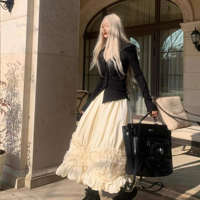 Púpos szoknya, középméretű hossz, gyapjúanyag, 2025 tavasz, királyi nővér stílus