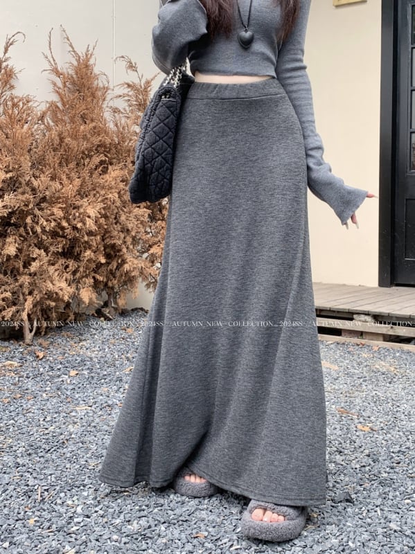 Ženska midi suknja, visoki struk, pleteni materijal, patchwork detalj, japansko-korejski casual stil