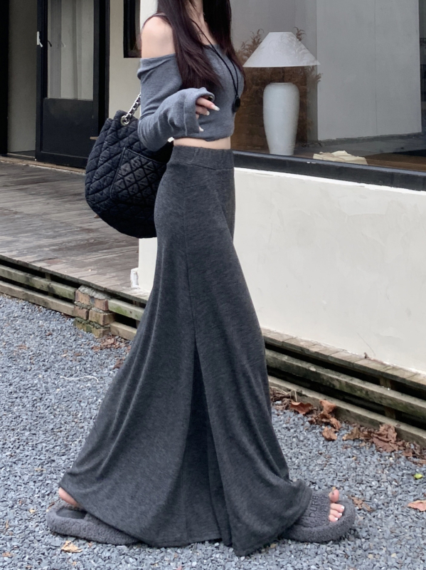 Ženska midi suknja, visoki struk, pleteni materijal, patchwork detalj, japansko-korejski casual stil