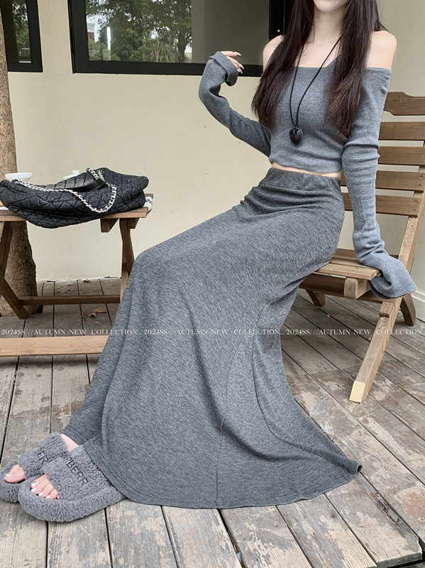 Ženska midi suknja, visoki struk, pleteni materijal, patchwork detalj, japansko-korejski casual stil