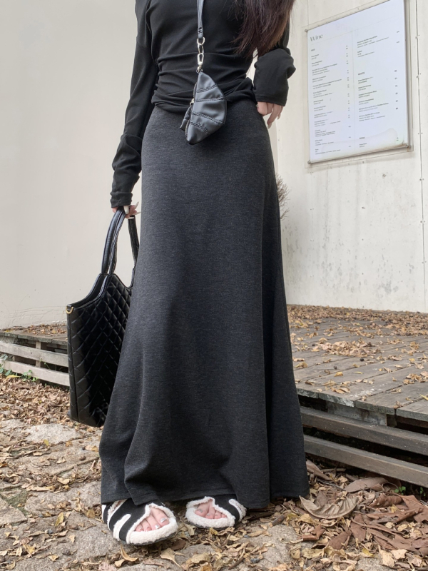 Ženska midi suknja, visoki struk, pleteni materijal, patchwork detalj, japansko-korejski casual stil