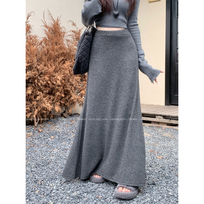 Ženska midi suknja, visoki struk, pleteni materijal, patchwork detalj, japansko-korejski casual stil