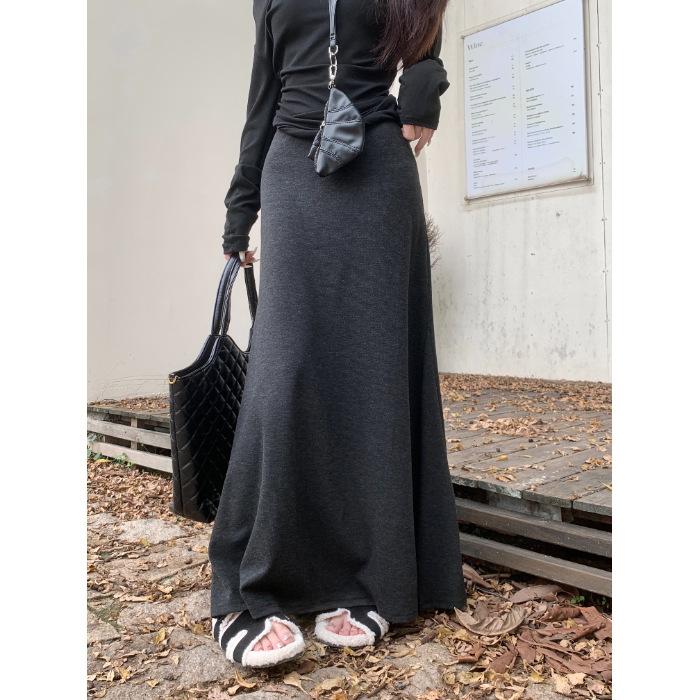 Ženska midi suknja, visoki struk, pleteni materijal, patchwork detalj, japansko-korejski casual stil