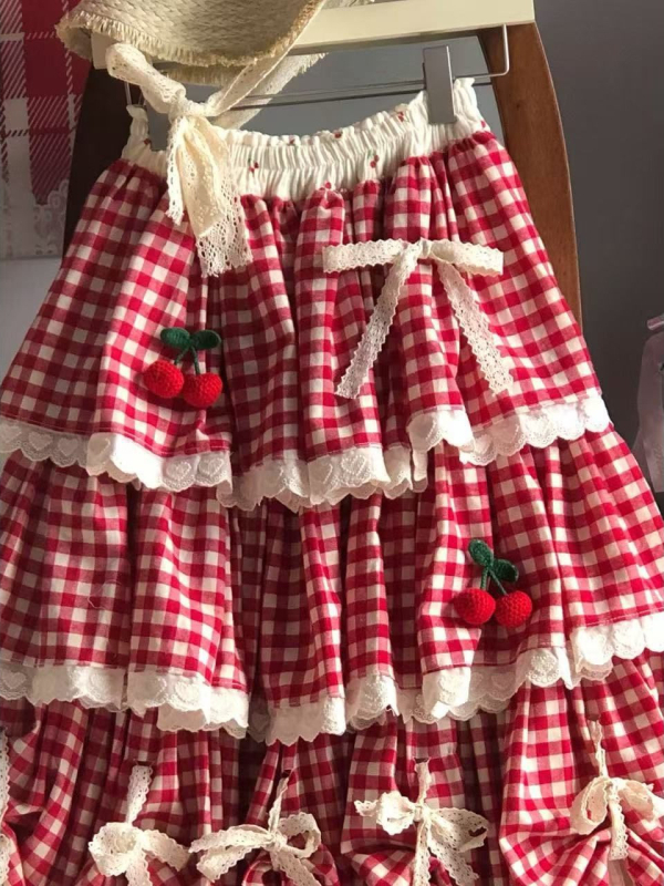 Crvena svečana midi suknja s blokiranim uzorkom, višeslojna čipkana rubna, stil cake suknje za jesen-zimu, pogodna za Novu godinu i Božić