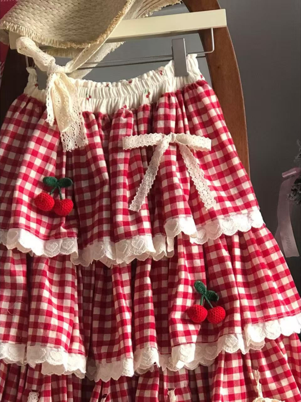 Crvena svečana midi suknja s blokiranim uzorkom, višeslojna čipkana rubna, stil cake suknje za jesen-zimu, pogodna za Novu godinu i Božić