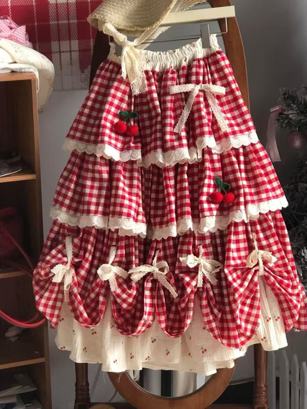 Crvena svečana midi suknja s blokiranim uzorkom, višeslojna čipkana rubna, stil cake suknje za jesen-zimu, pogodna za Novu godinu i Božić