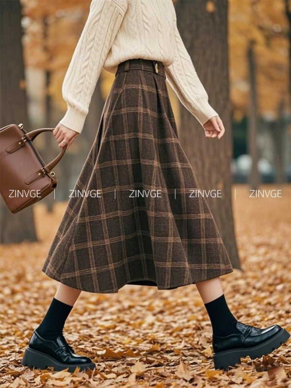 Smeđa karirana A-linija midi suknja za žene, korejski retro stil, jesen 2025, A7536